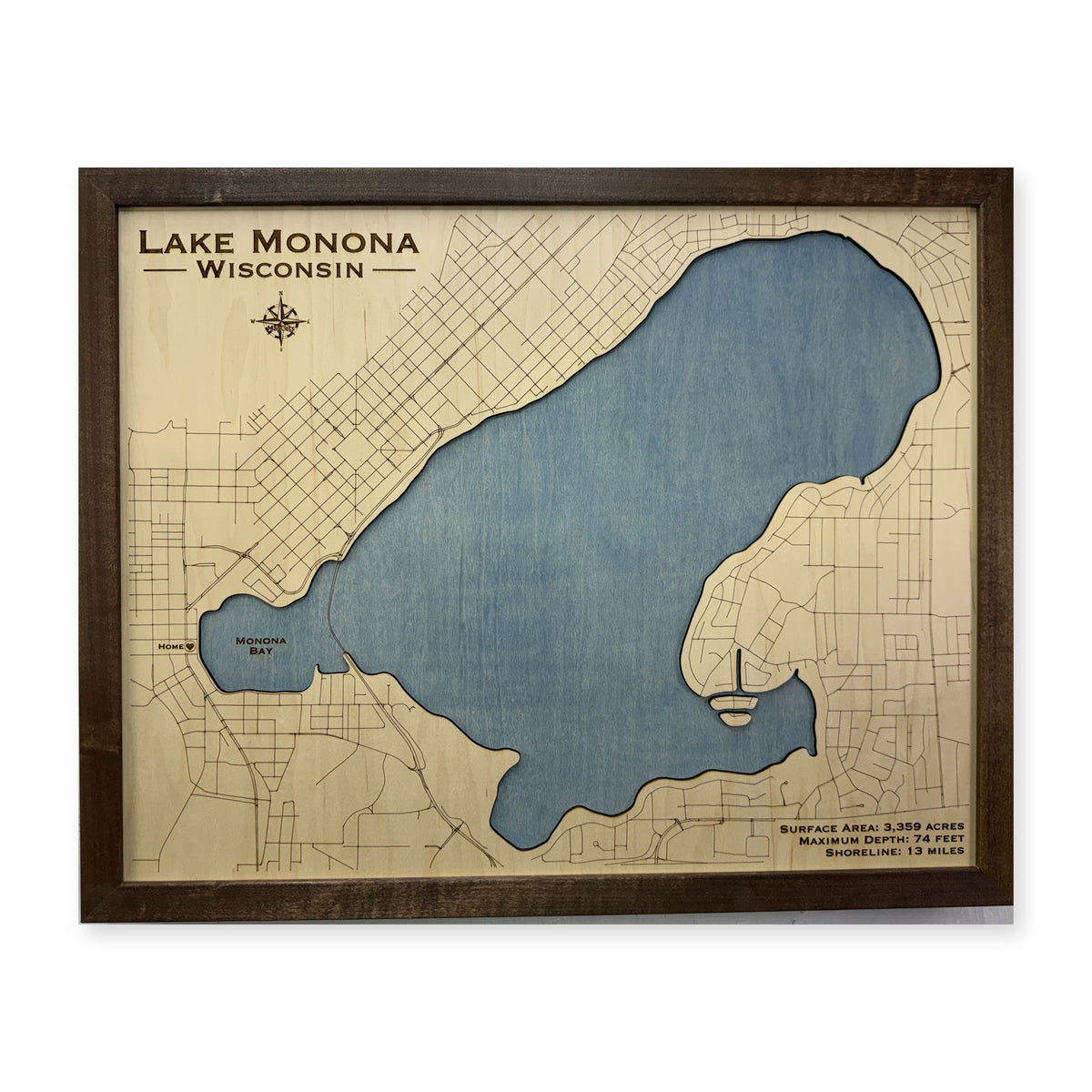Monona Thiede wood map — single layer, white background