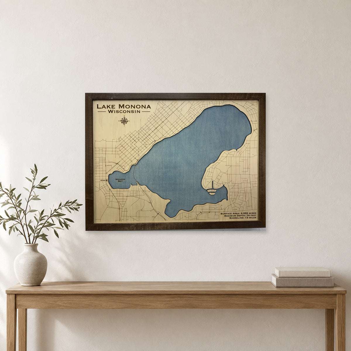 Monona Thiede wood map — single layer, staged room mockup