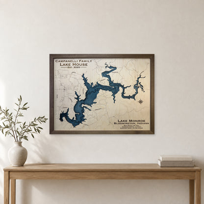 Monroe Campanelli wood map — multilayer, staged room mockup