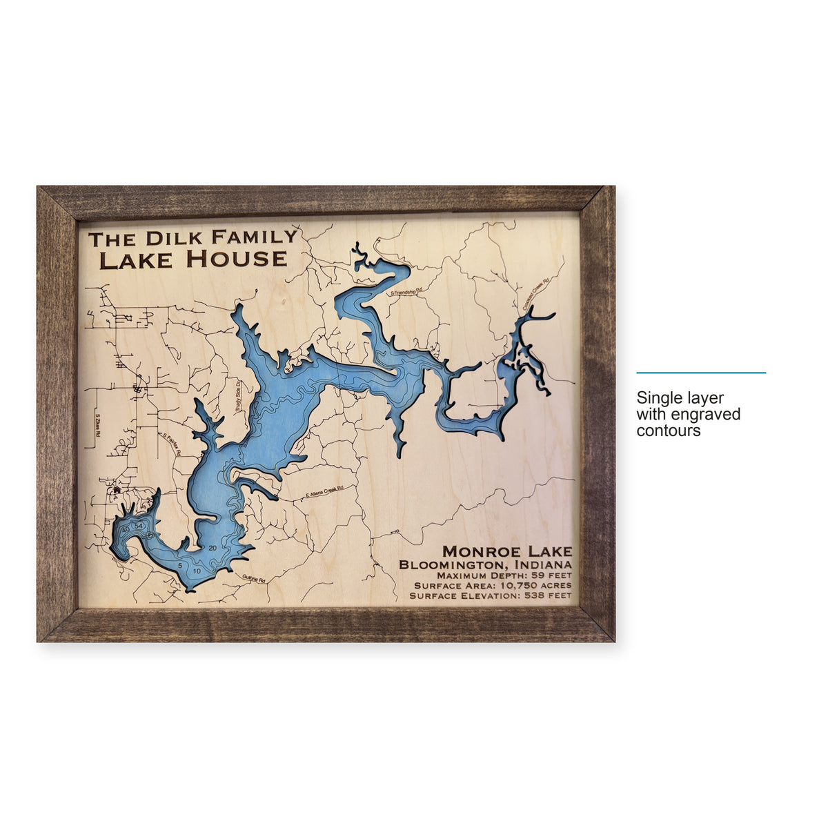 Monroe Dilk wood map — single layer with engraved contours, layer option shown