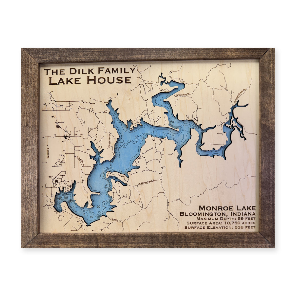 Monroe Dilk wood map — single layer with engraved contours, white background