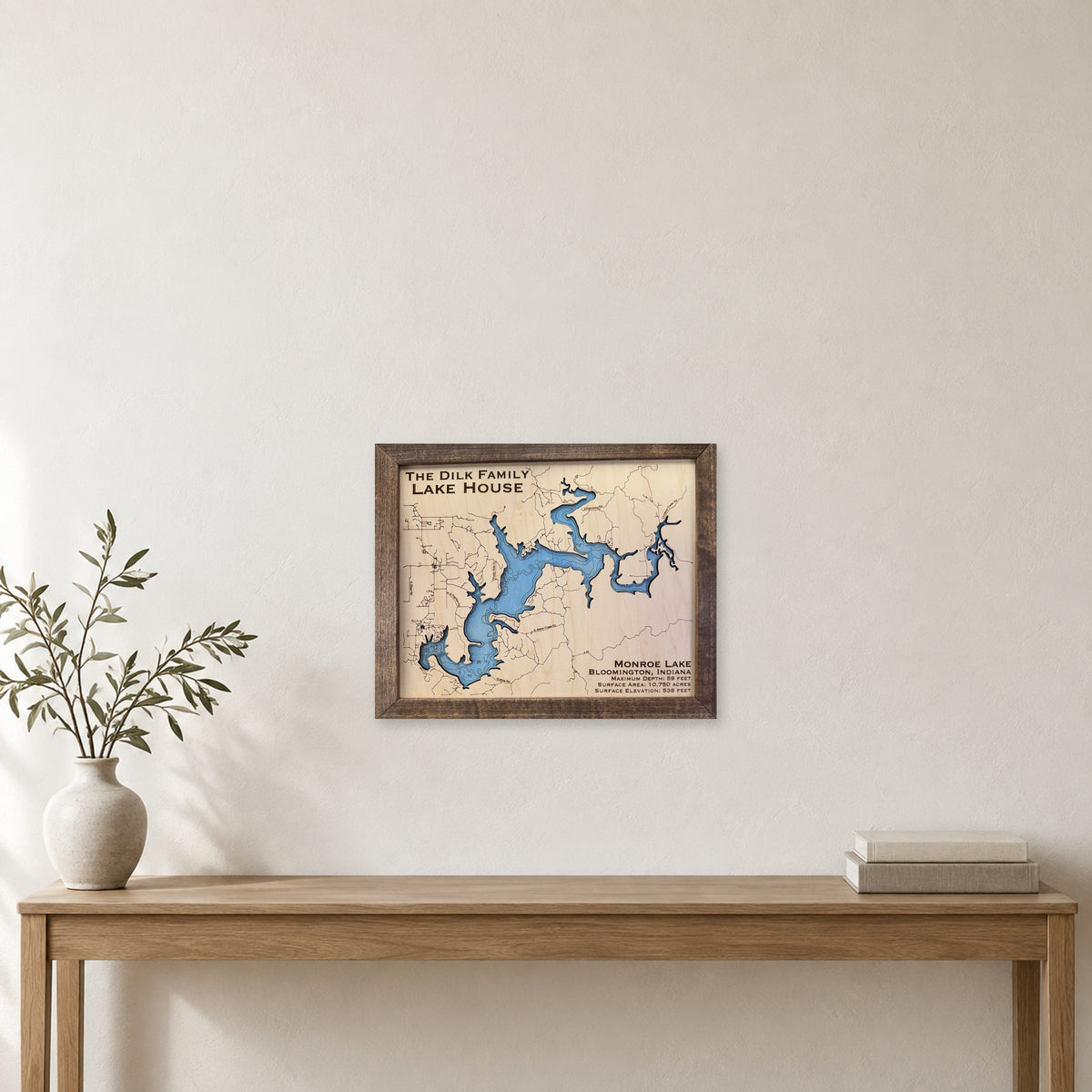 Monroe Dilk wood map — single layer with engraved contours, staged room mockup