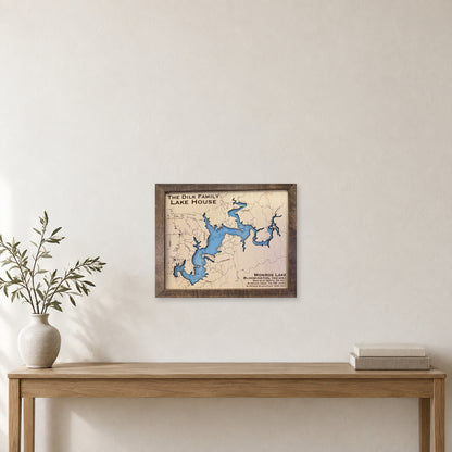 Monroe Dilk wood map — single layer with engraved contours, staged room mockup