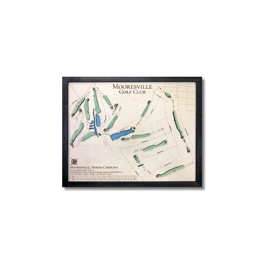 Framed wooden map of Mooresville Golf Club , NC on a white background.