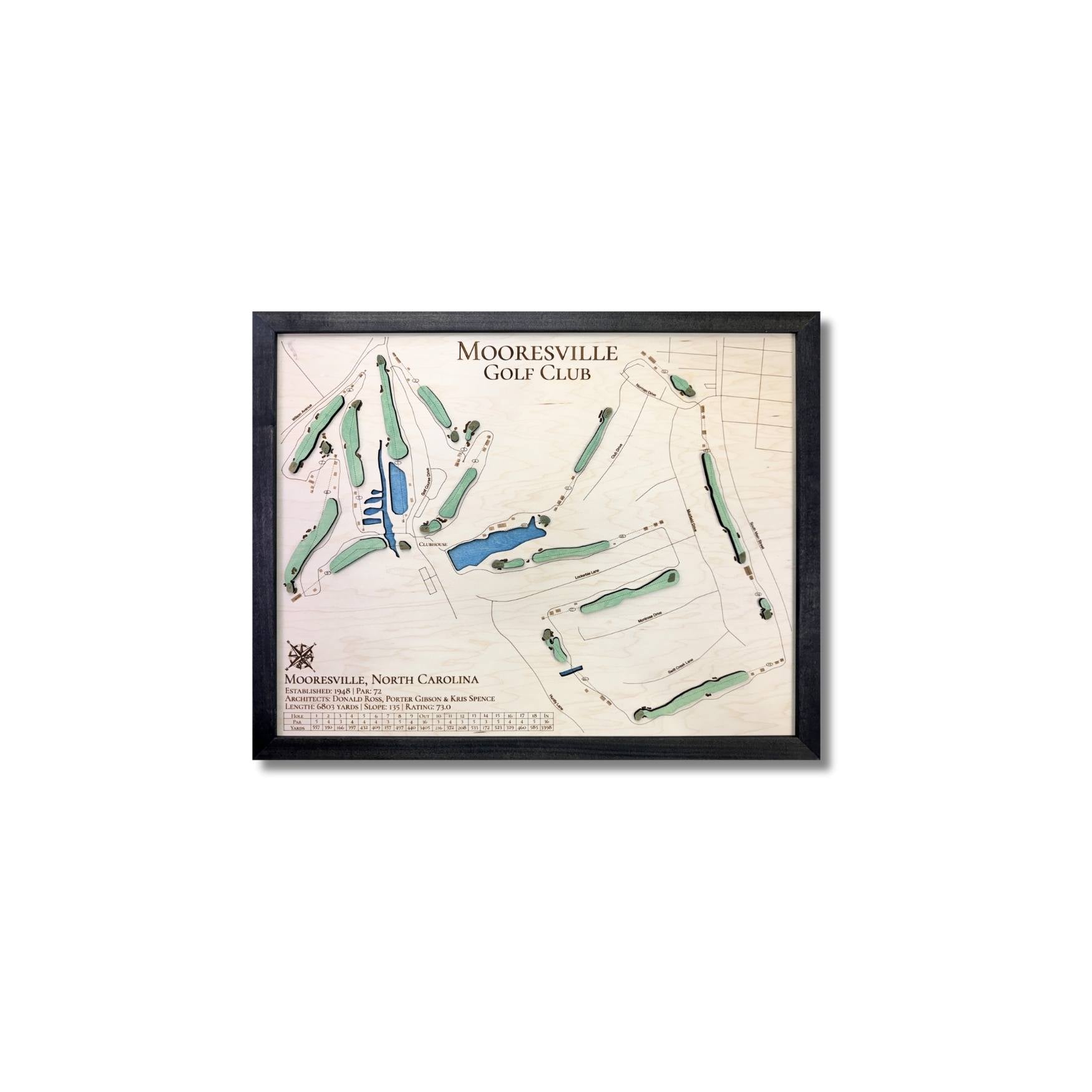 Framed wooden map of Mooresville Golf Club , NC on a white background.