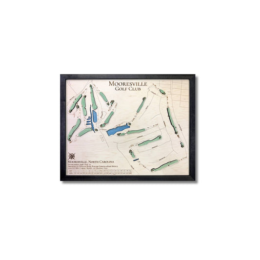 Framed wooden map of Mooresville Golf Club , NC on a white background.