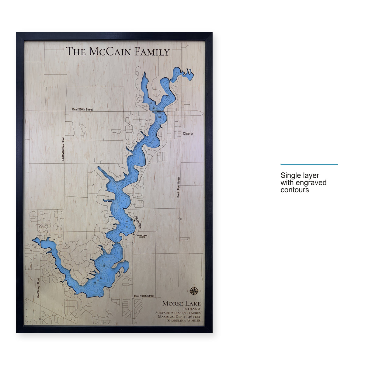 Morse Mccain wood map — single layer with engraved contours, layer option shown