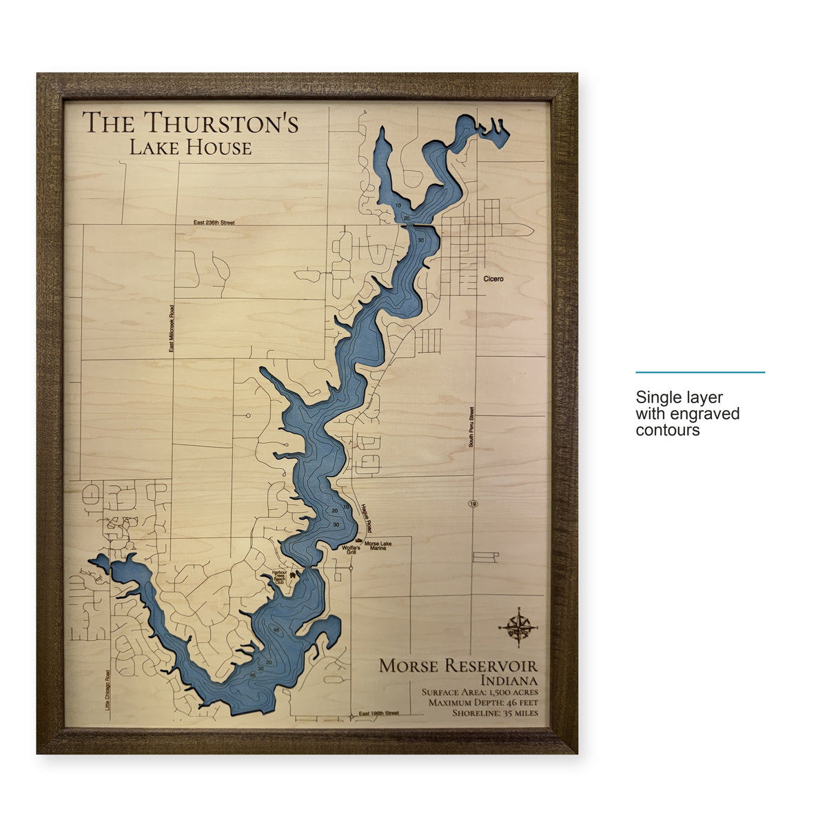 Morse Thurston wood map — single layer with engraved contours, layer option shown