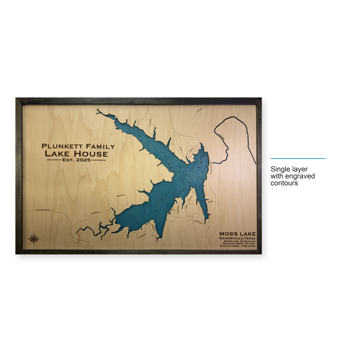 Moss Plunkett wood map — single layer with engraved contours, layer option shown