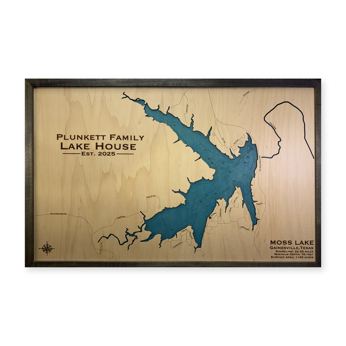 Moss Plunkett wood map — single layer with engraved contours, white background