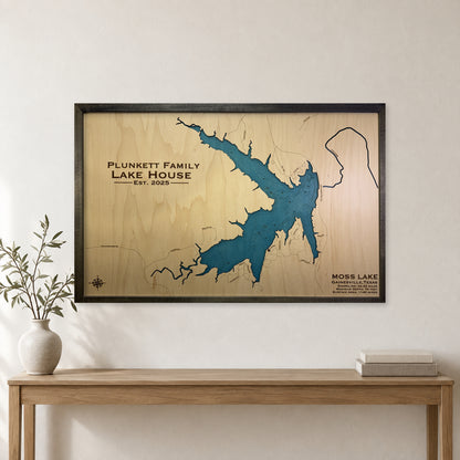 Moss Plunkett wood map — single layer with engraved contours, staged room mockup