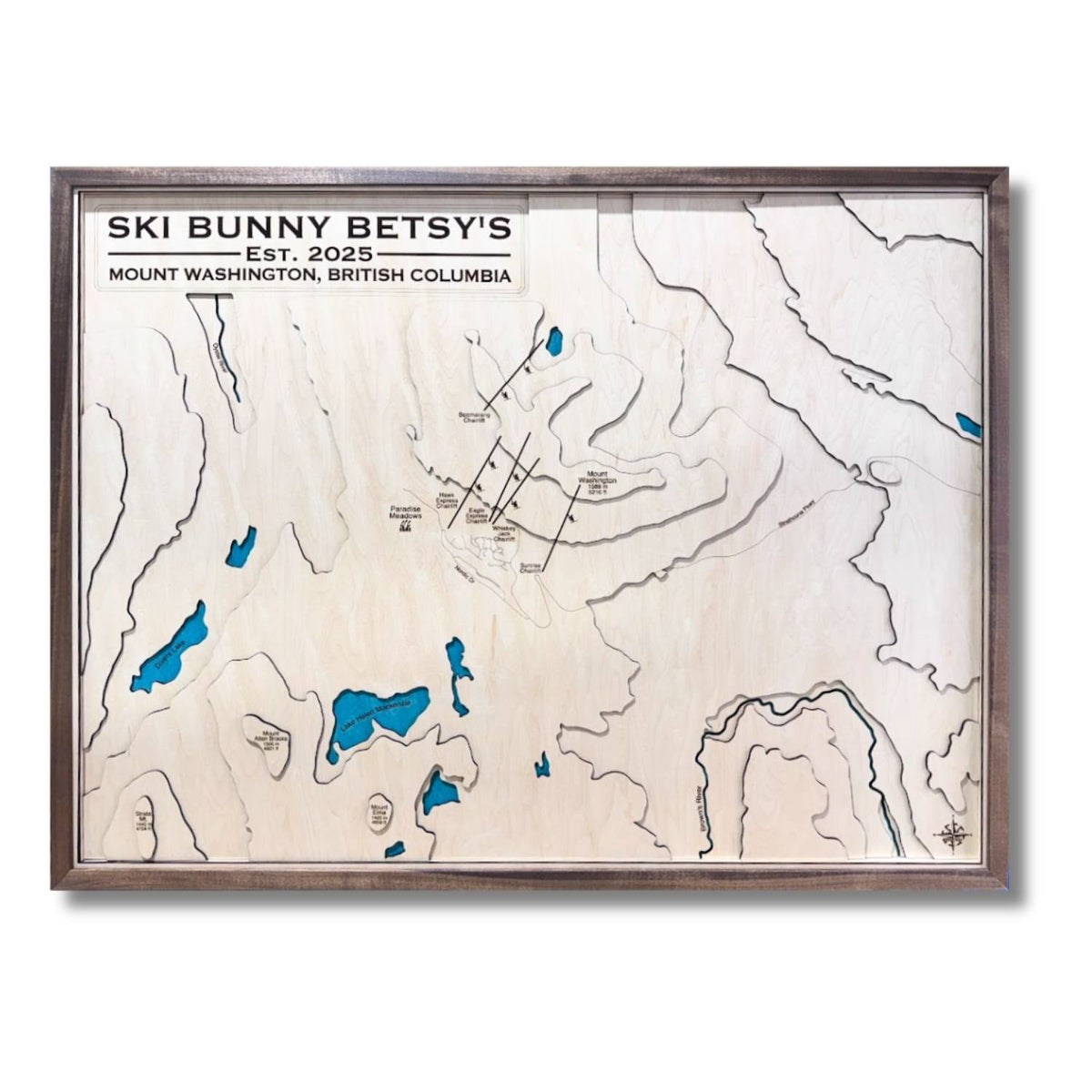 Topographic 3D wooden map of Mount Washington with ski resort and personalized text. 