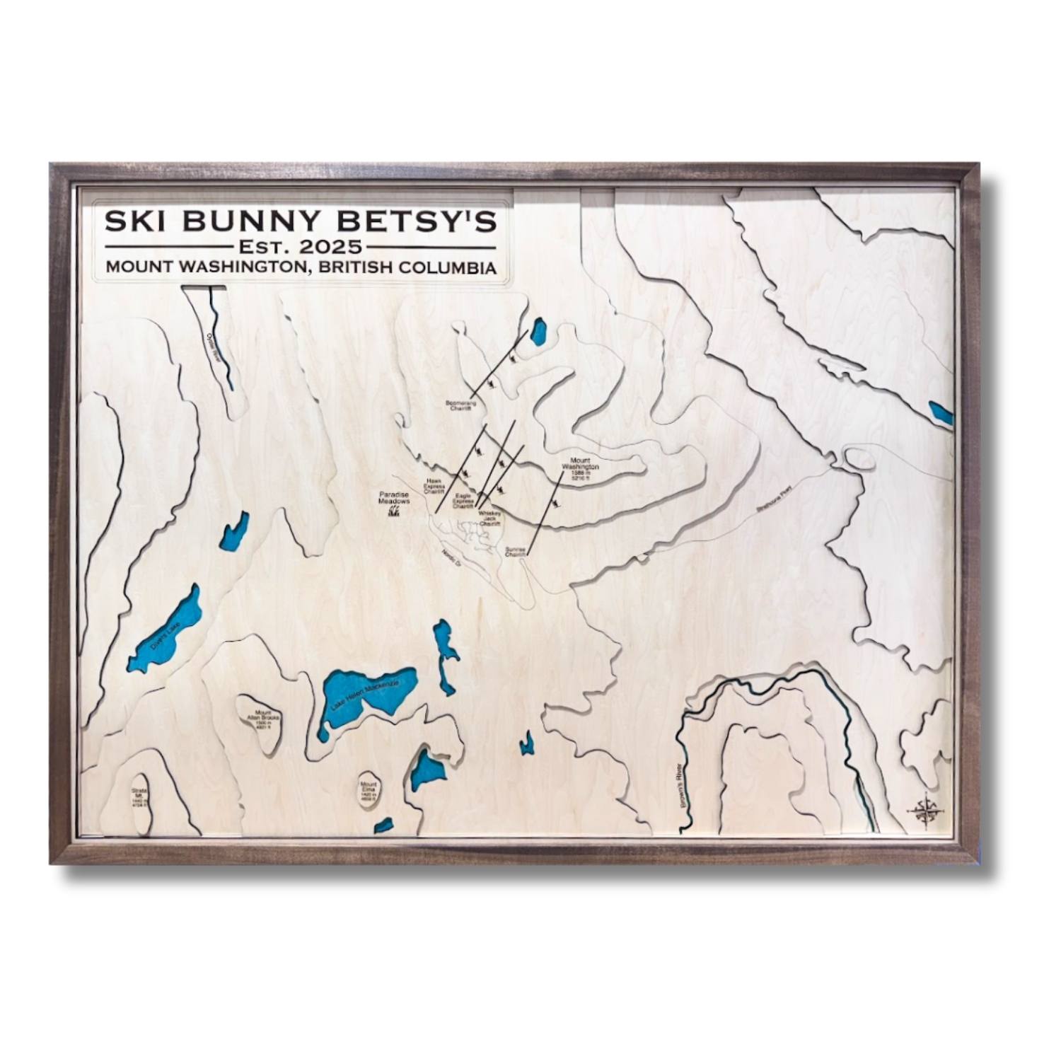 Topographic 3D wooden map of Mount Washington with ski resort and personalized text. 