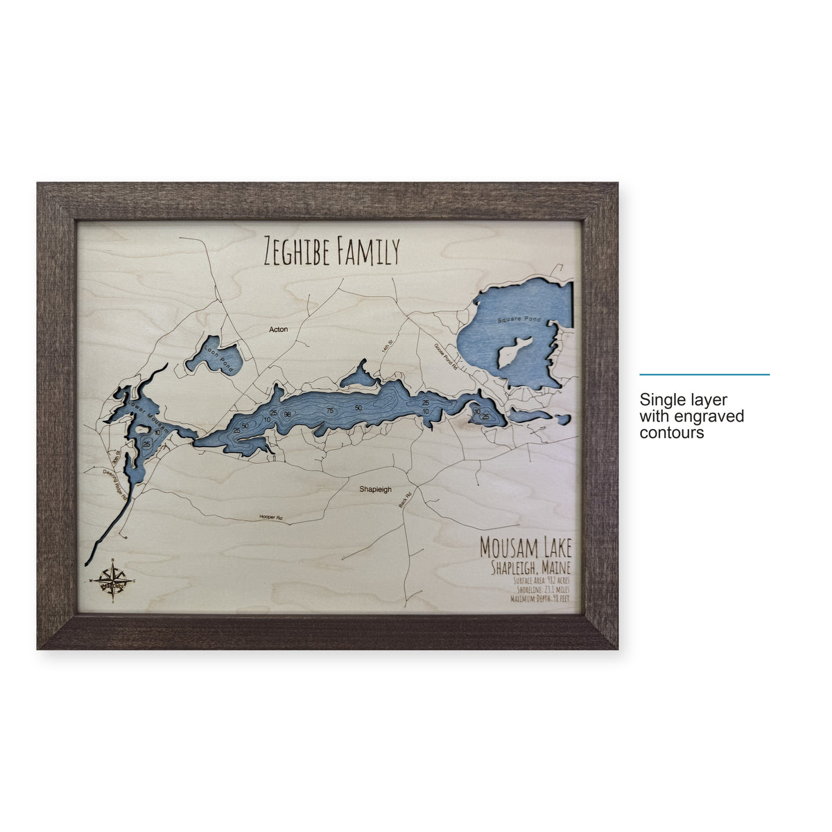 Mousam Zeghibe wood map — single layer with engraved contours, layer option shown