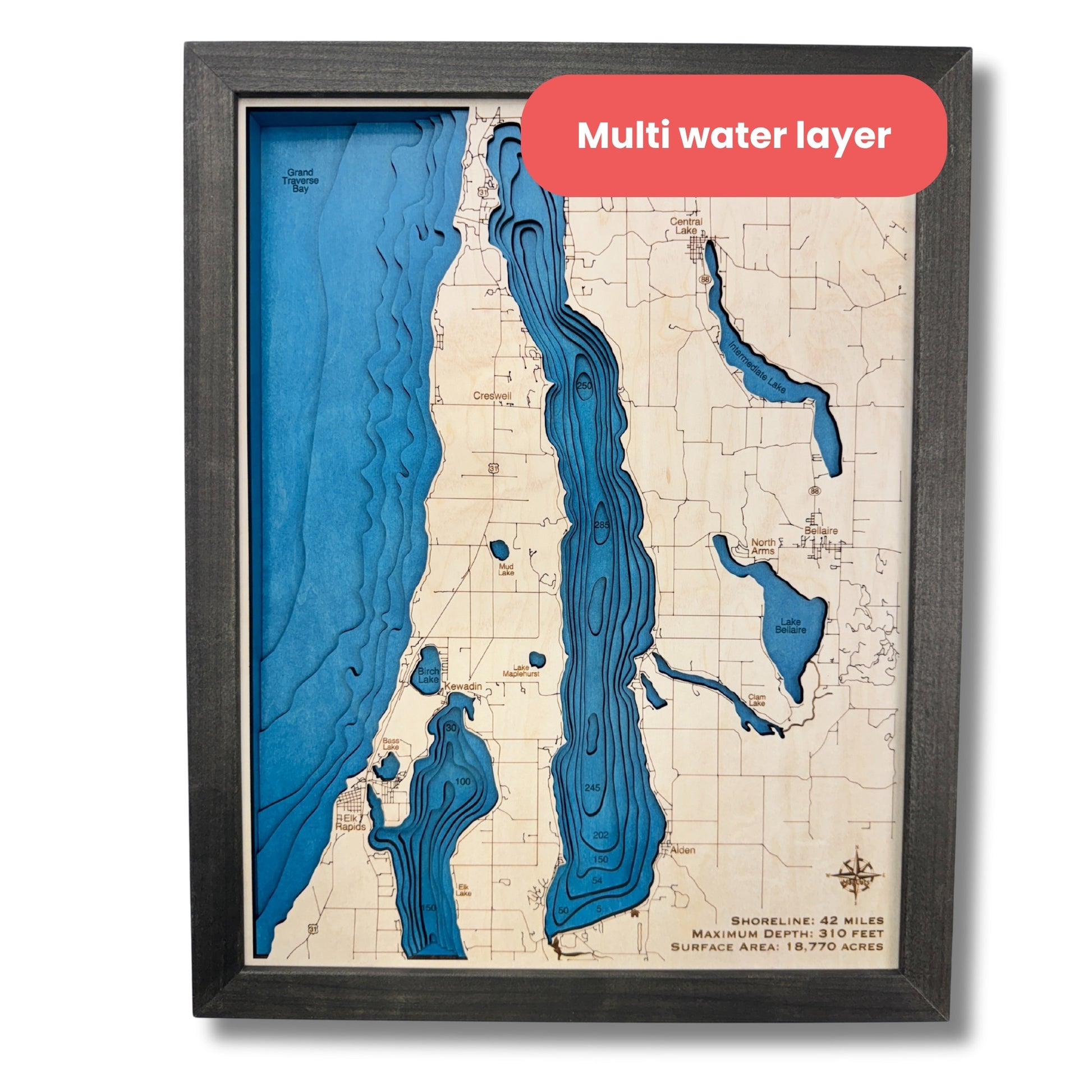 Example of a multi water layer Torch Lake map with dark blue water stain. 