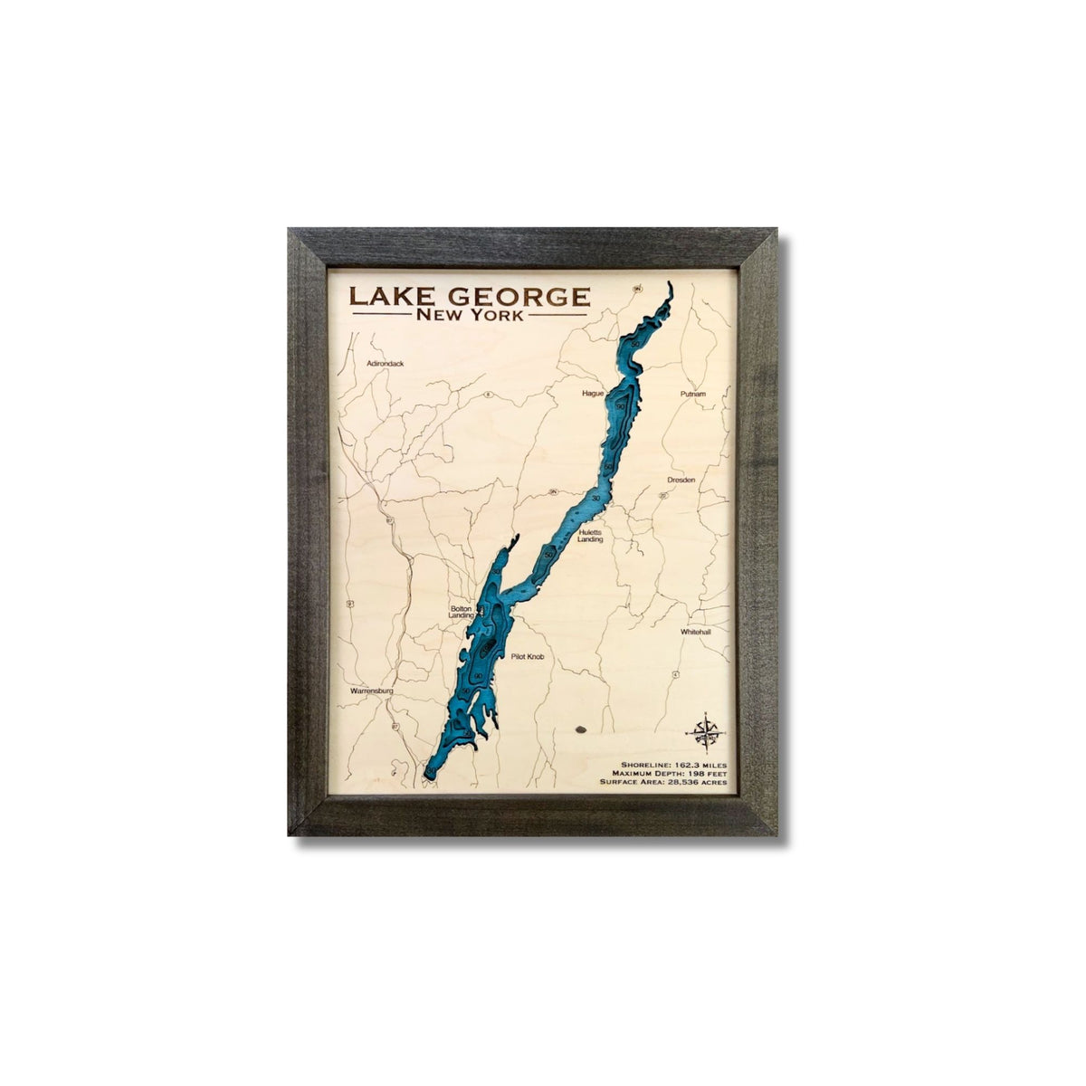 Multi water layer map of Lake George, New York, on a white background.