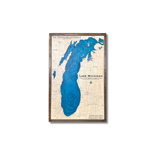 3D wooden map of Lake Michigan on a white background.