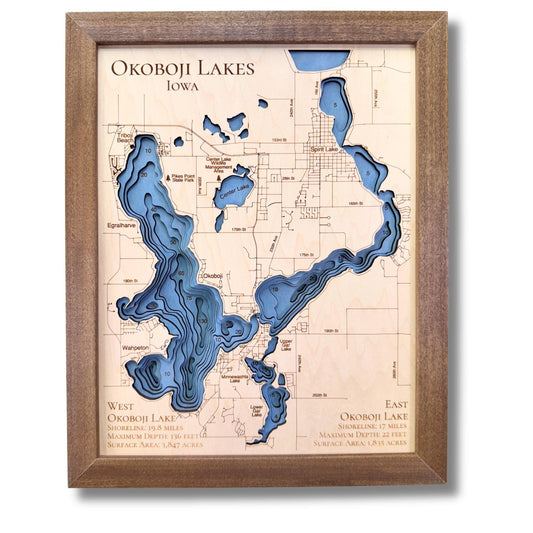 Wooden multi water layer map of Okoboji lakes with walnut colored frame. 
