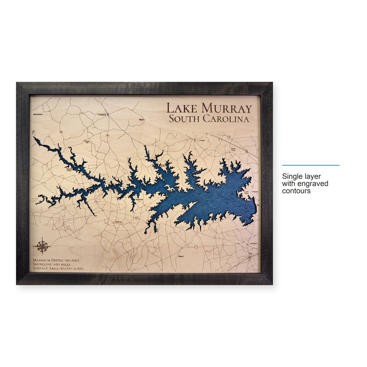 Murray Black Engraved wood map — single layer with engraved contours, layer option shown