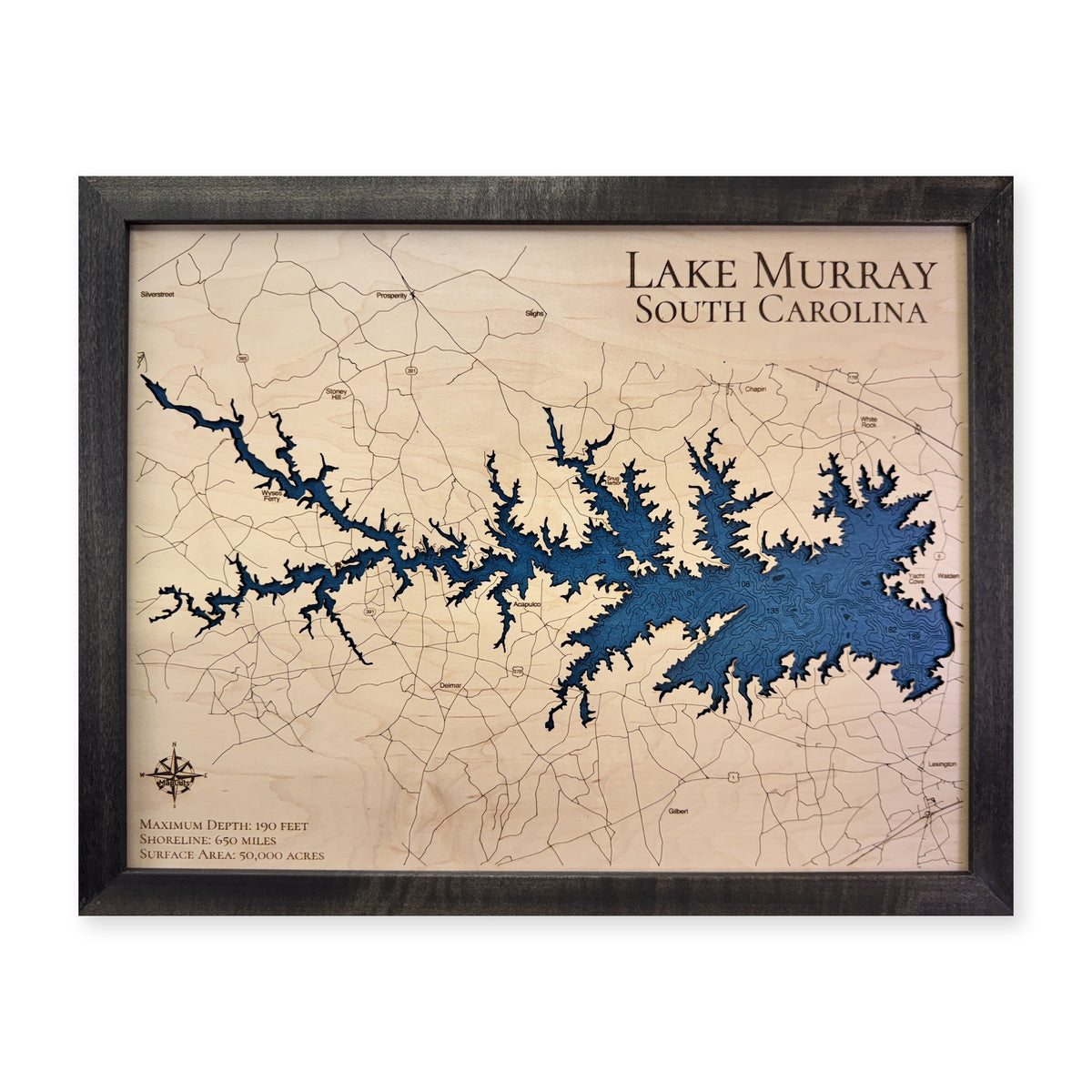 Murray Black Engraved wood map — single layer with engraved contours, white background