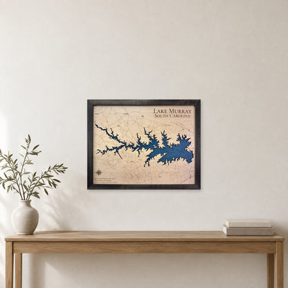 Murray Black Engraved wood map — single layer with engraved contours, staged room mockup