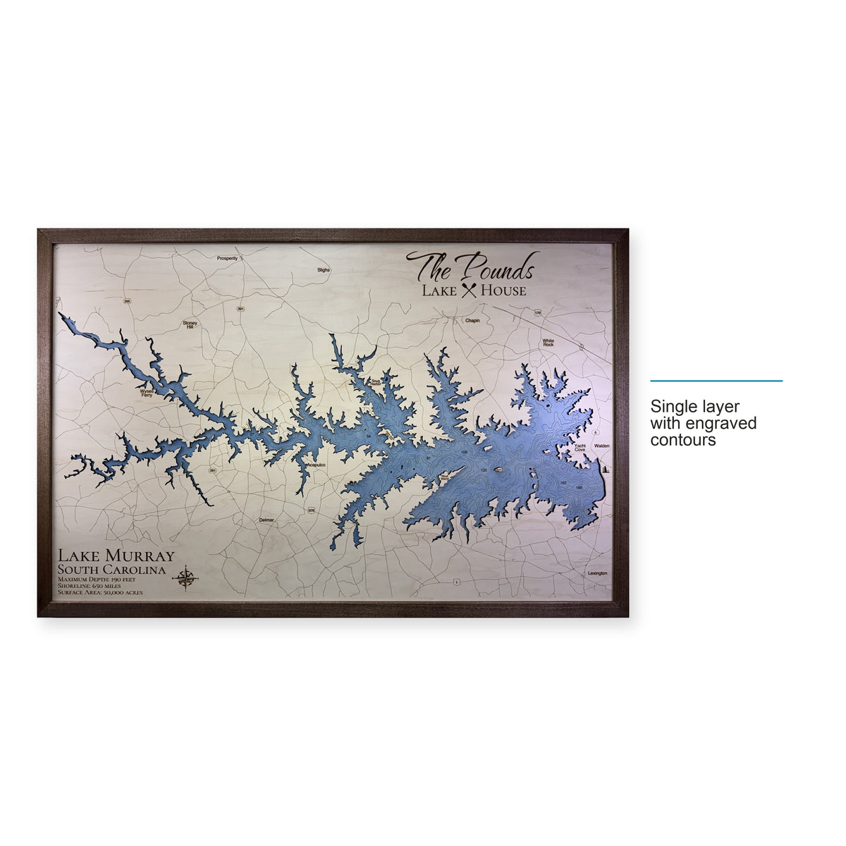 Murray Pounds wood map — single layer with engraved contours, layer option shown