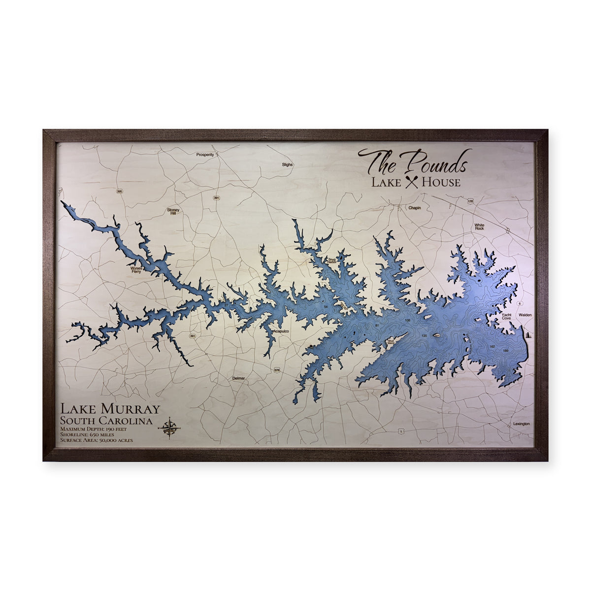 Murray Pounds wood map — single layer with engraved contours, white background