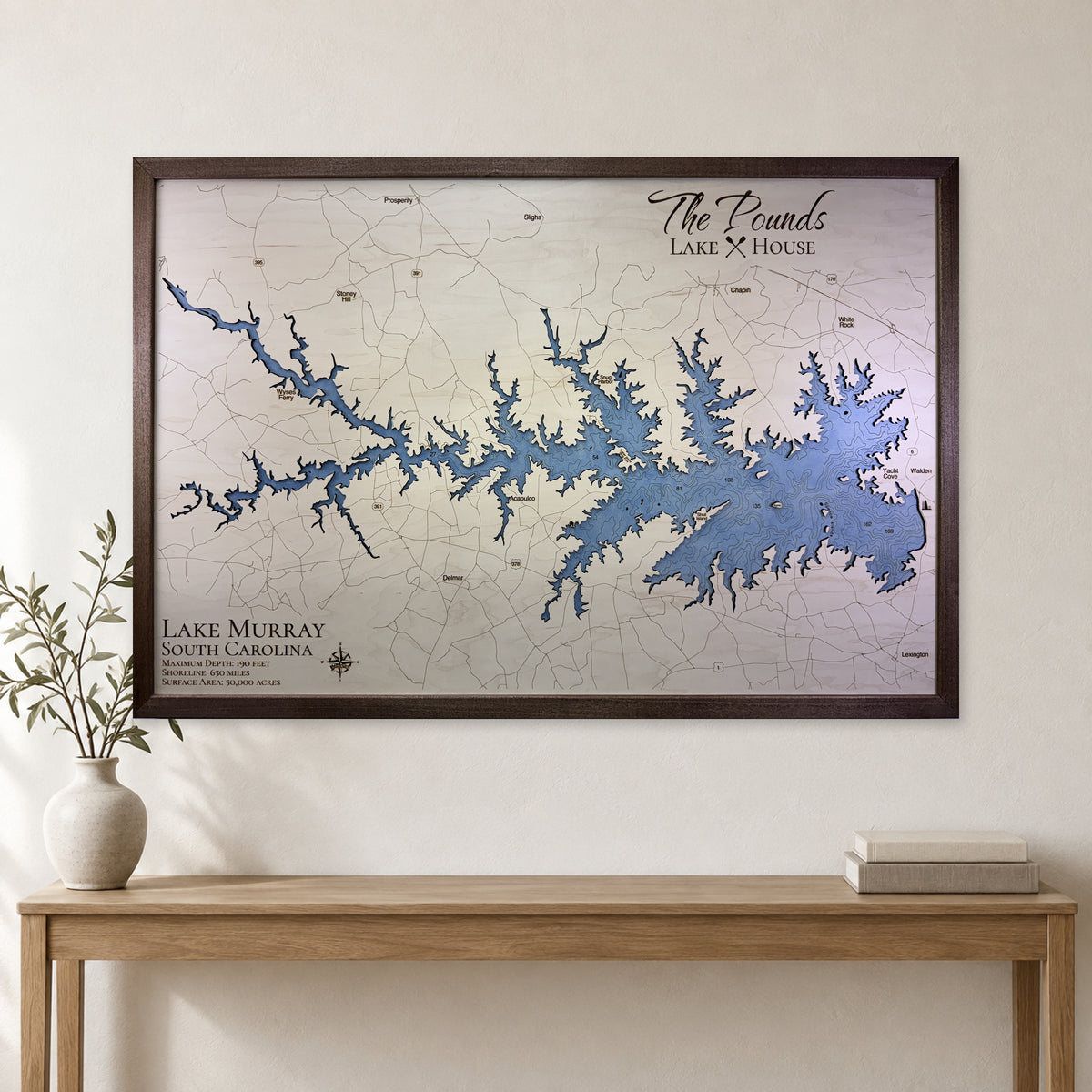 Murray Pounds wood map — single layer with engraved contours, staged room mockup