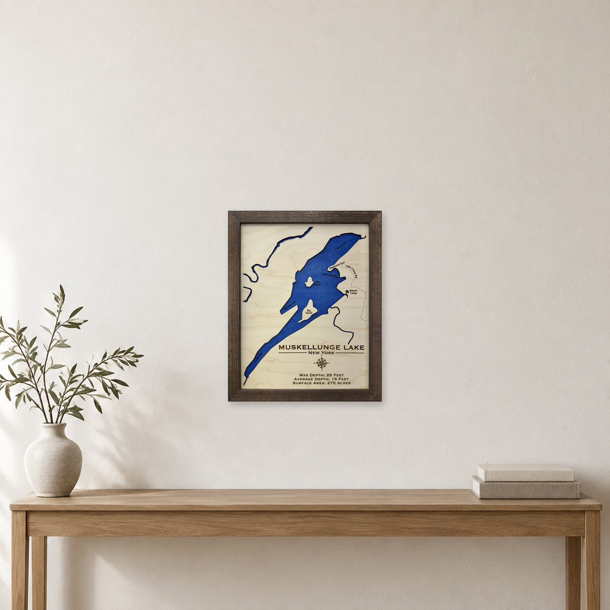 Muskellunge Blue wood map — single layer, staged room mockup