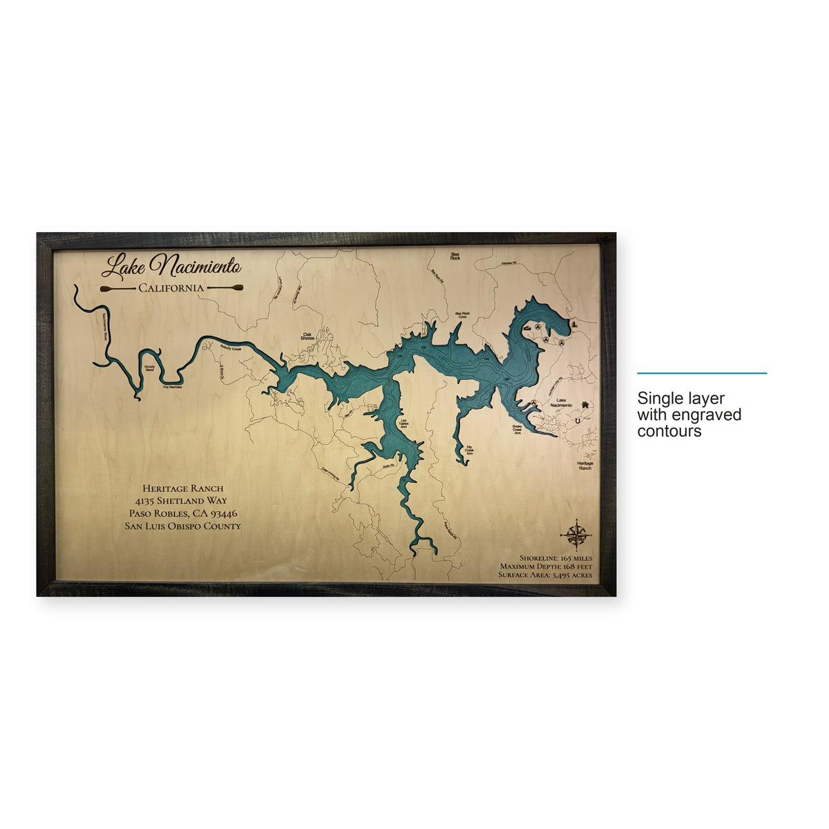 Nacimiento Heritage wood map — single layer with engraved contours, layer option shown