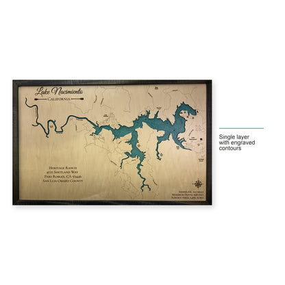 Nacimiento Heritage wood map — single layer with engraved contours, layer option shown