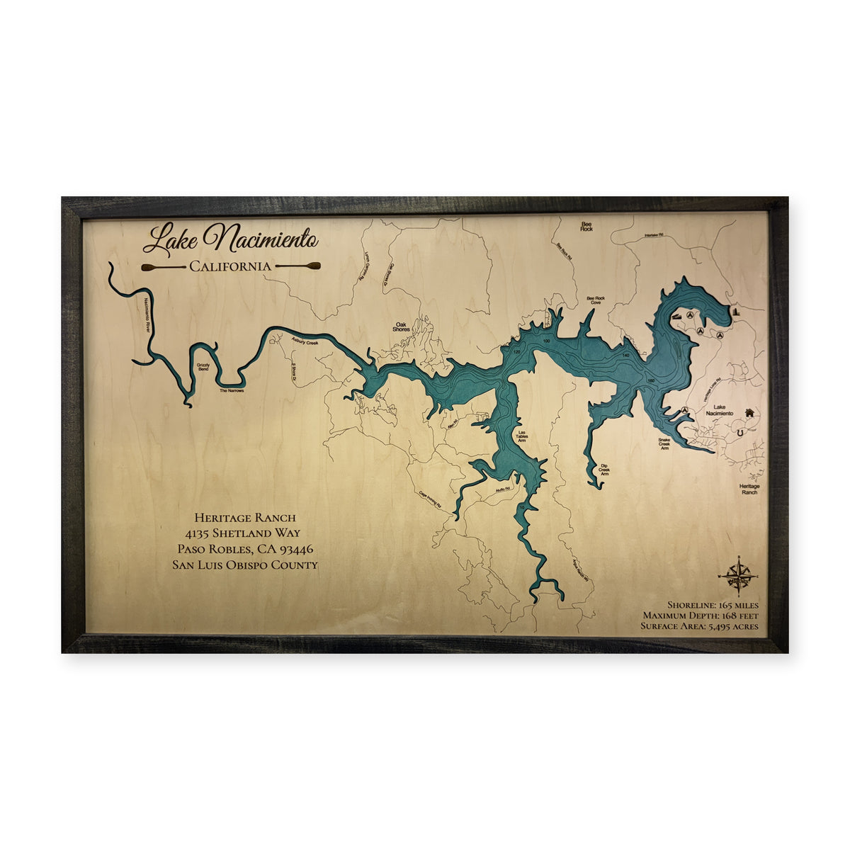 Nacimiento Heritage wood map — single layer with engraved contours, white background