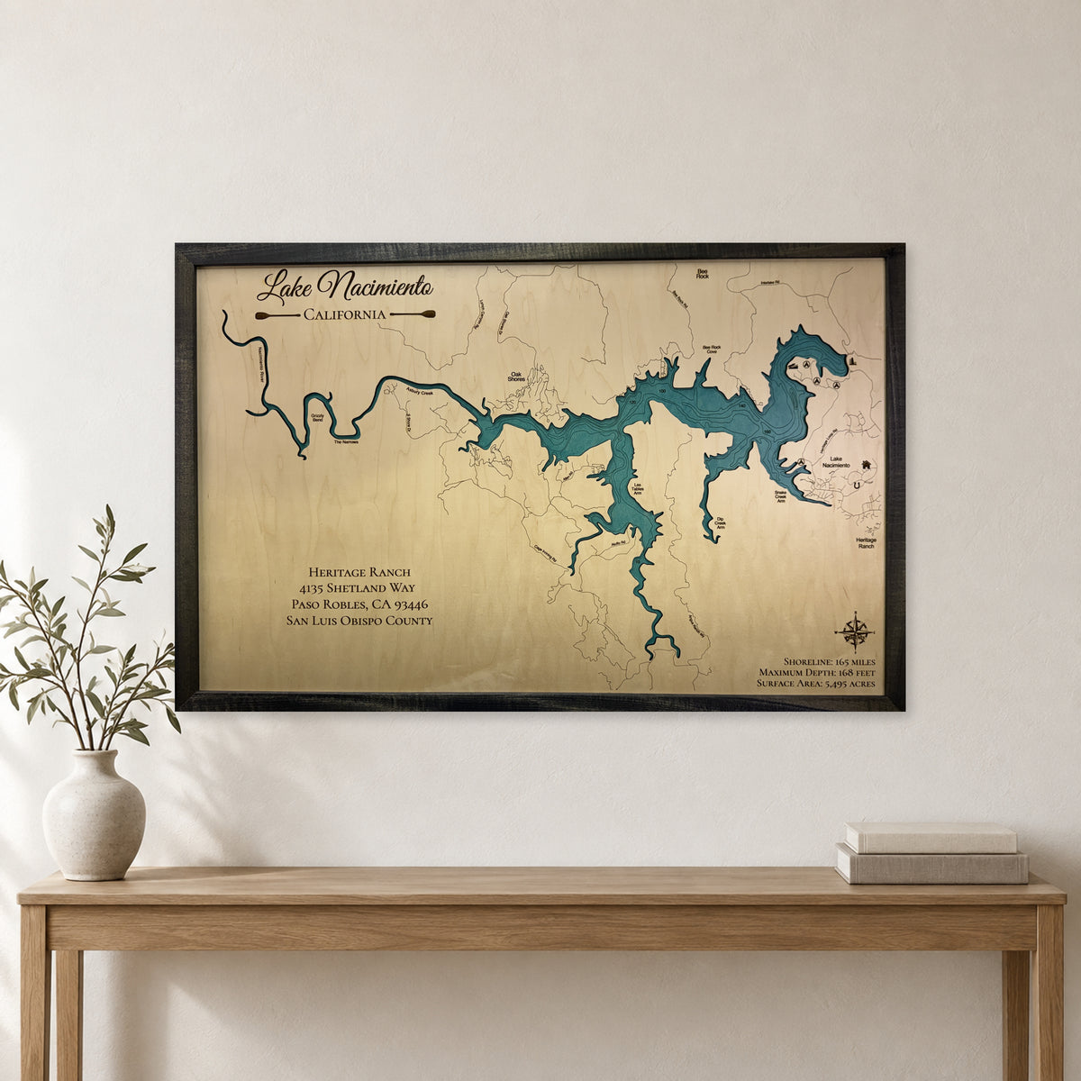 Nacimiento Heritage wood map — single layer with engraved contours, staged room mockup