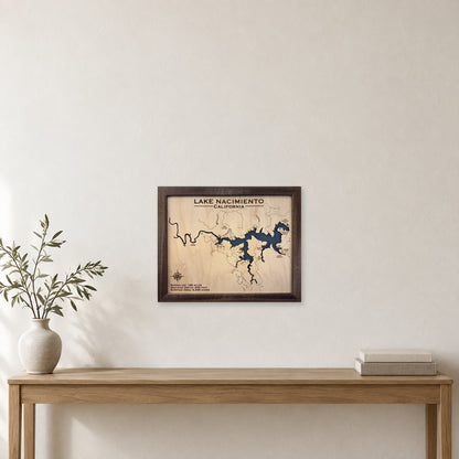 Nacimiento Walnut wood map — single layer, staged room mockup