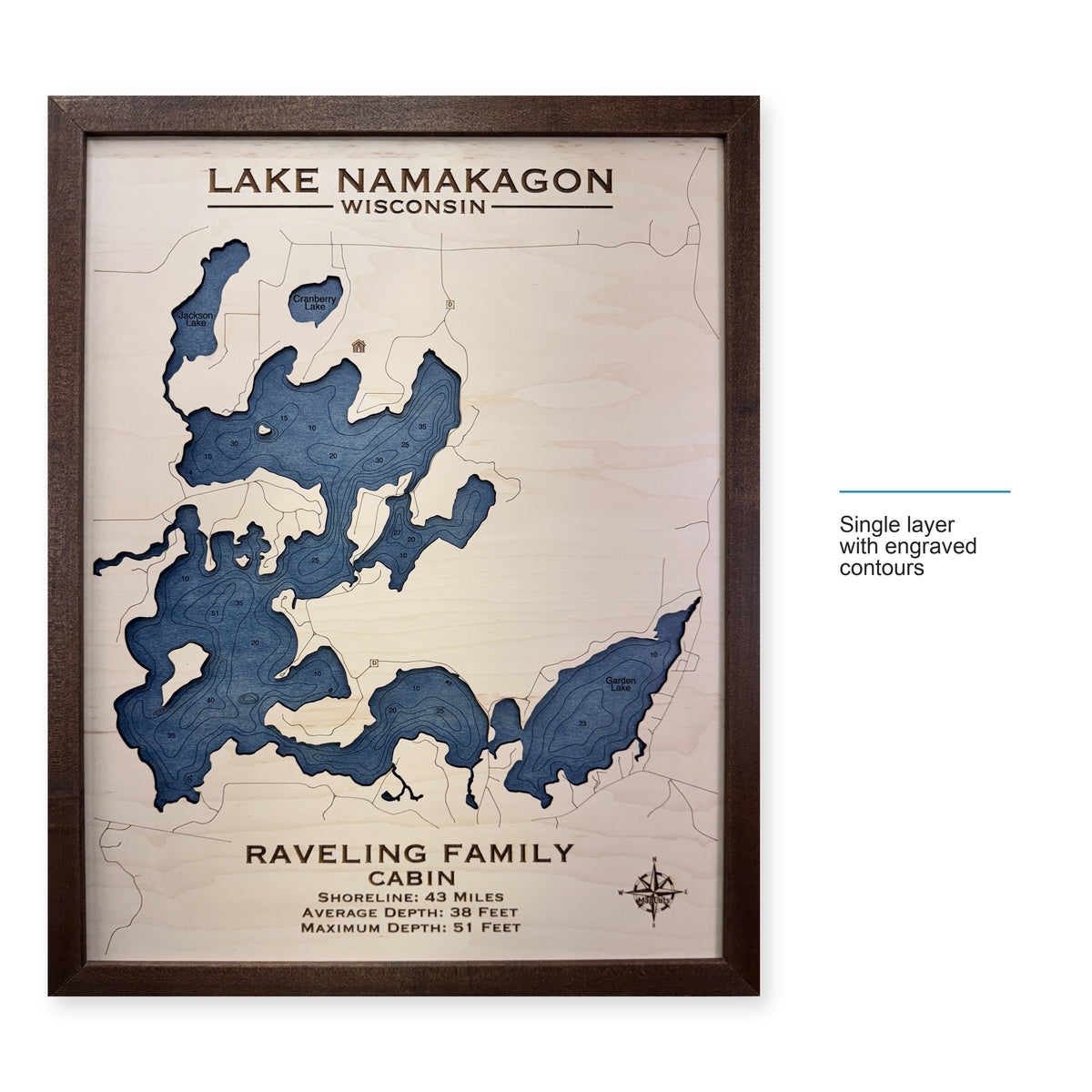 Namakagon Raveling wood map — single layer with engraved contours, layer option shown
