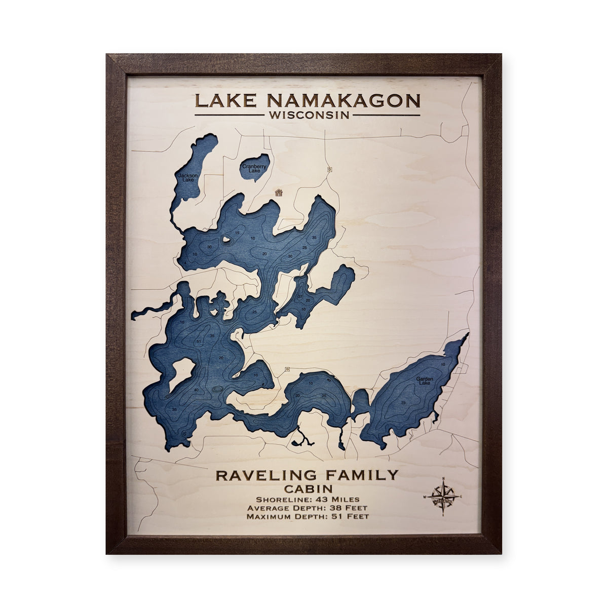 Namakagon Raveling wood map — single layer with engraved contours, white background