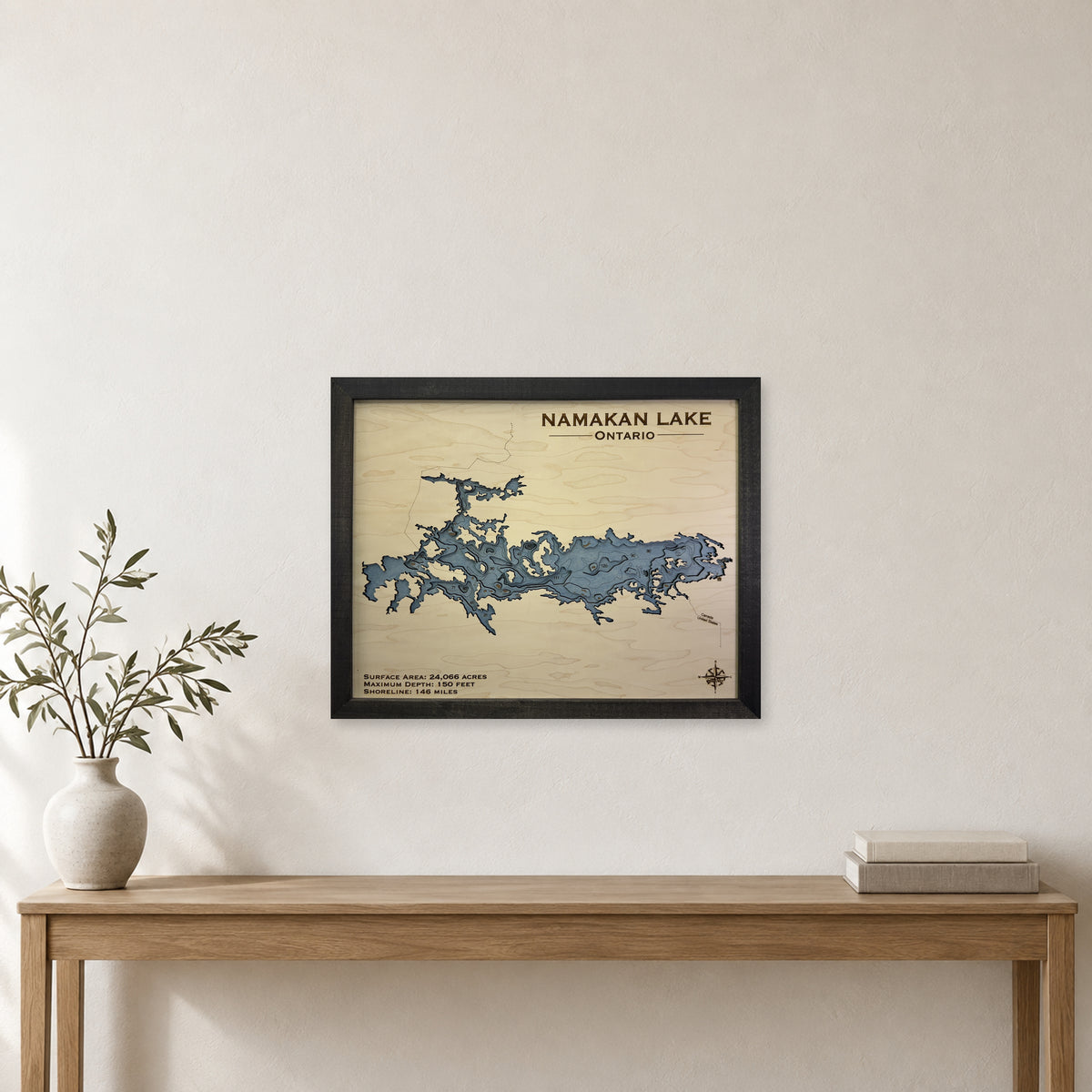 Namakan Black wood map — multilayer, staged room mockup