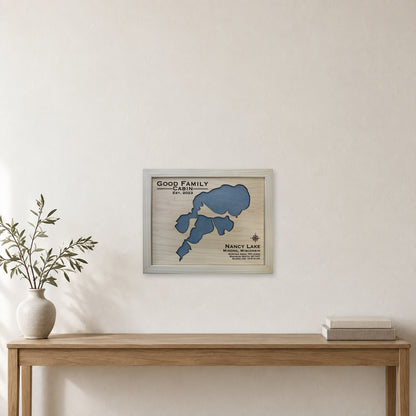 Nancy Good wood map — single layer, staged room mockup