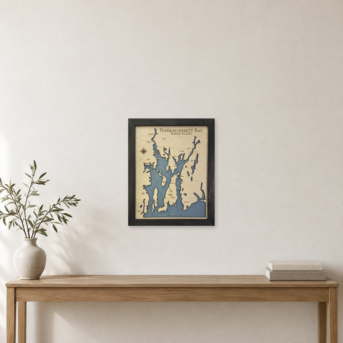 Narragansett Black Single wood map — single layer, staged room mockup