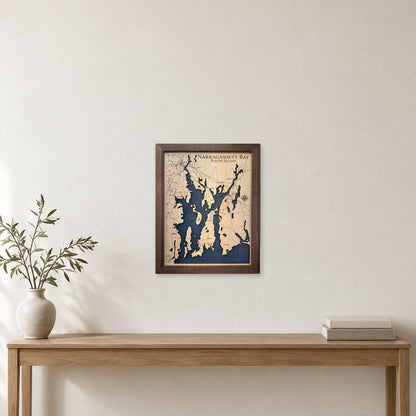 Narragansett Delisle wood map — single layer with engraved contours, staged room mockup