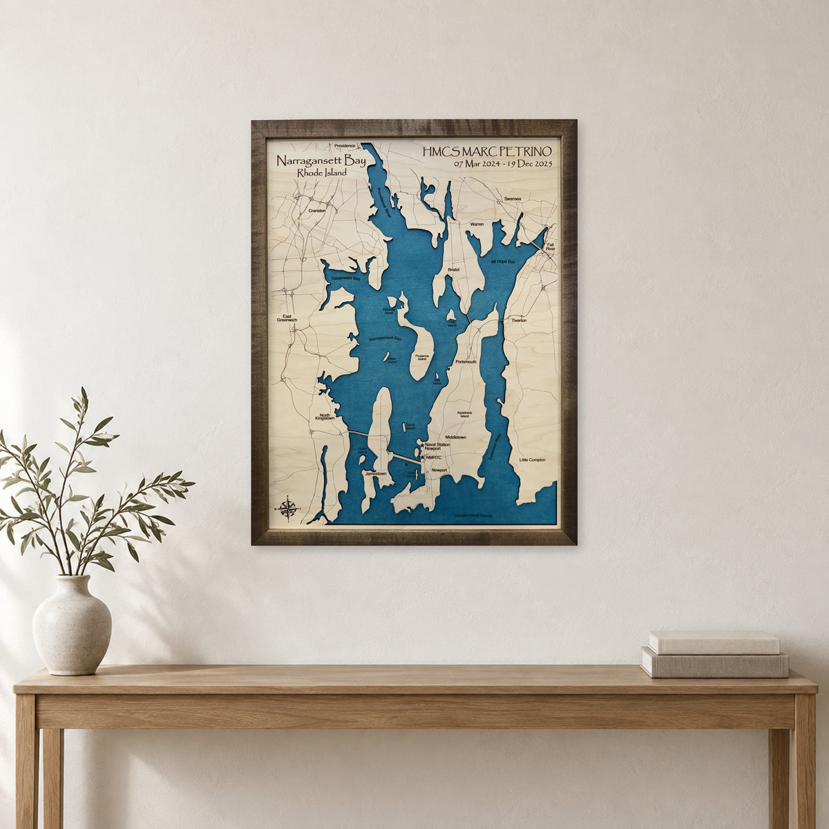 Narragansett Petrino wood map — single layer, staged room mockup