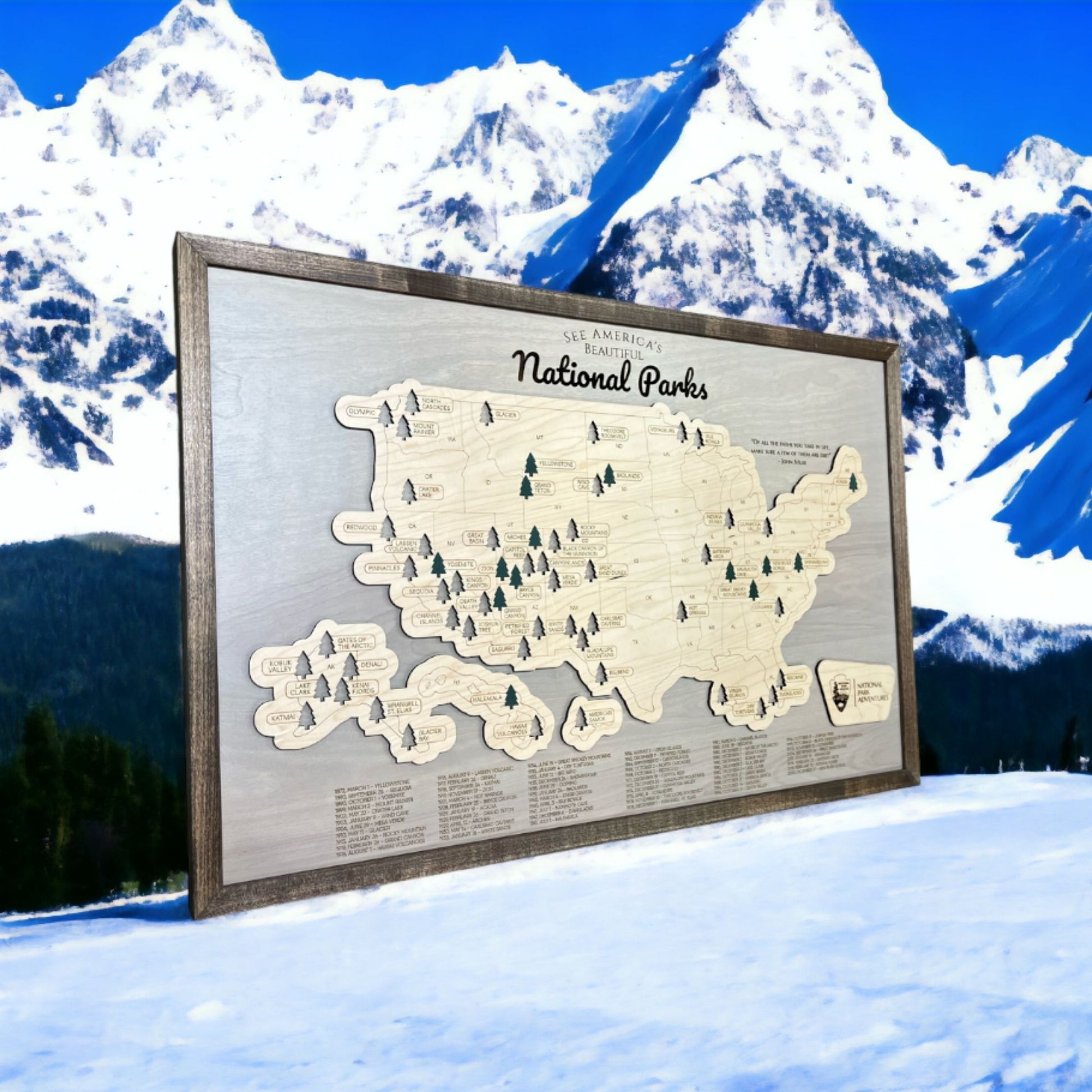 National Parks Travel Map with a snowy mountainous backdrop. 