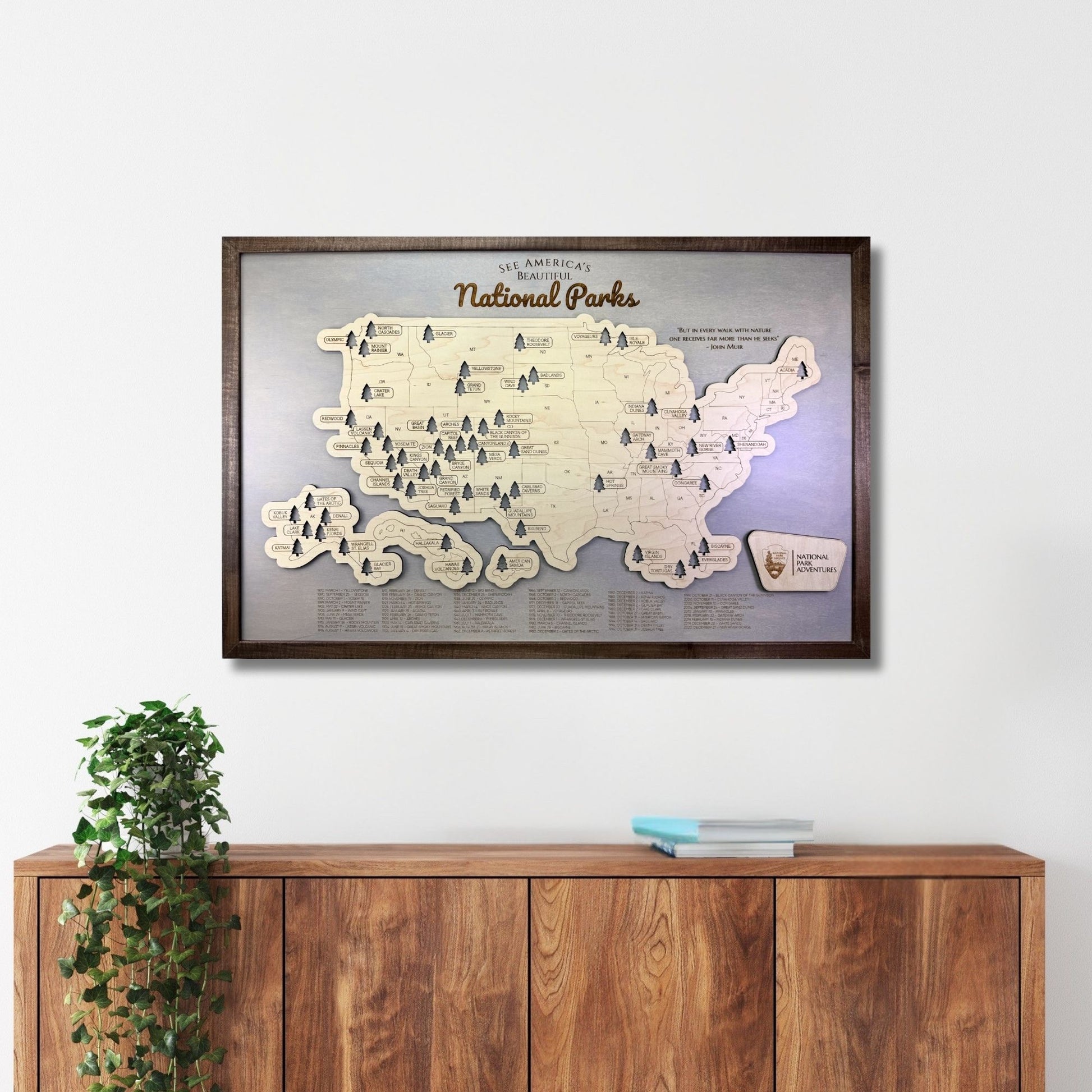 Framed wooden map of National Parks on a wall above a wooden cabinet.