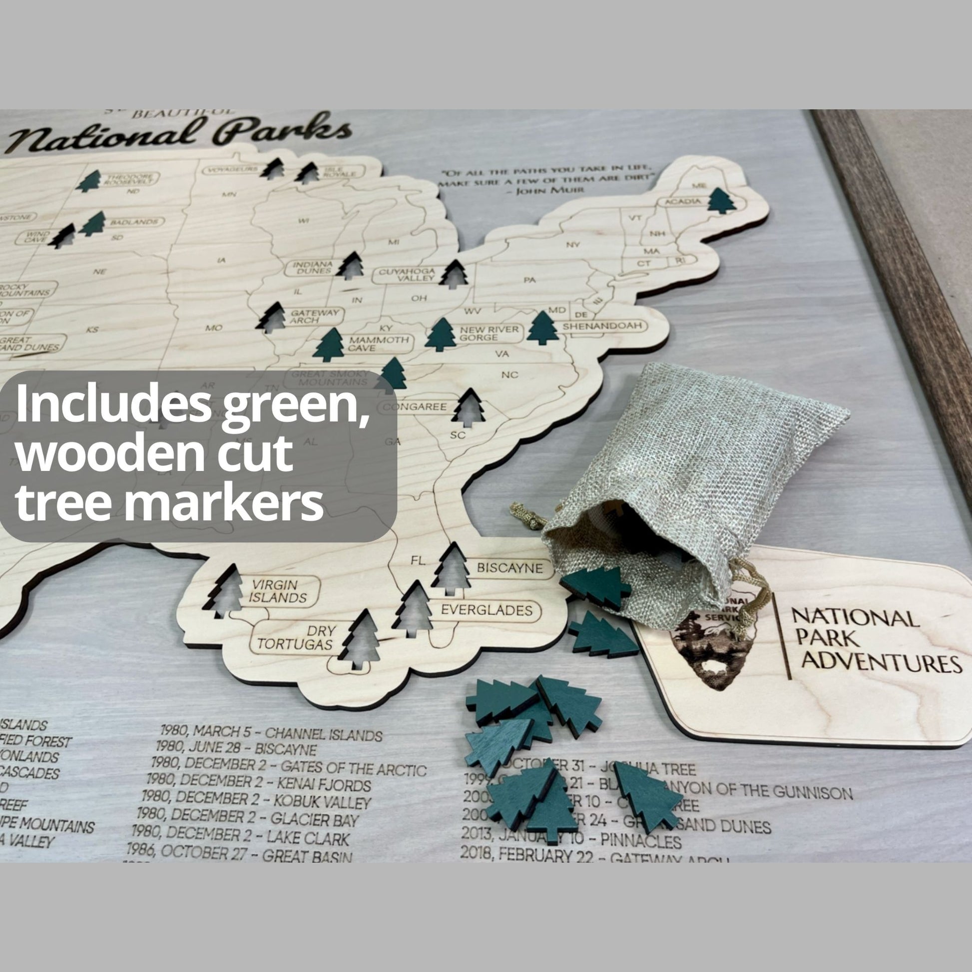 Close up of the national parks travel map and the green tree markers that come with it to track your travels. 