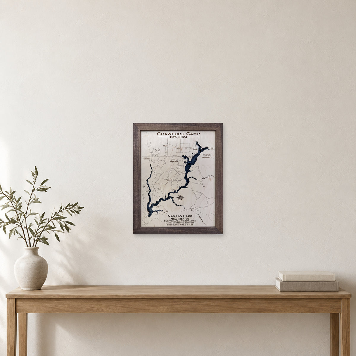 Navajo Crawford wood map — multilayer, staged room mockup