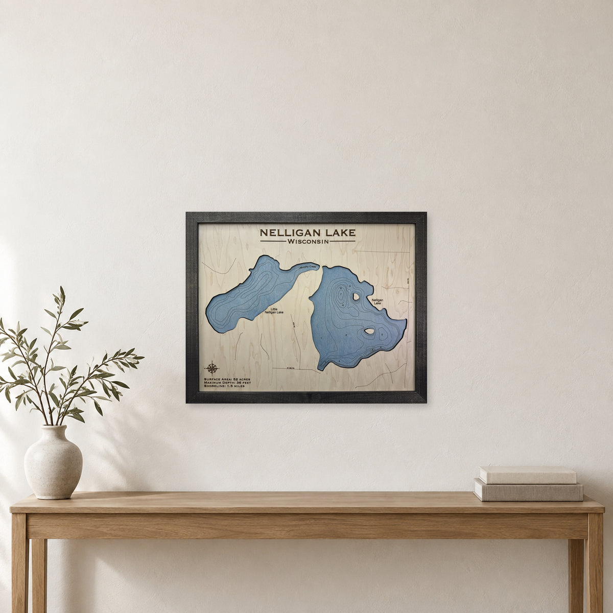 Nelligan Engraved wood map — single layer with engraved contours, staged room mockup
