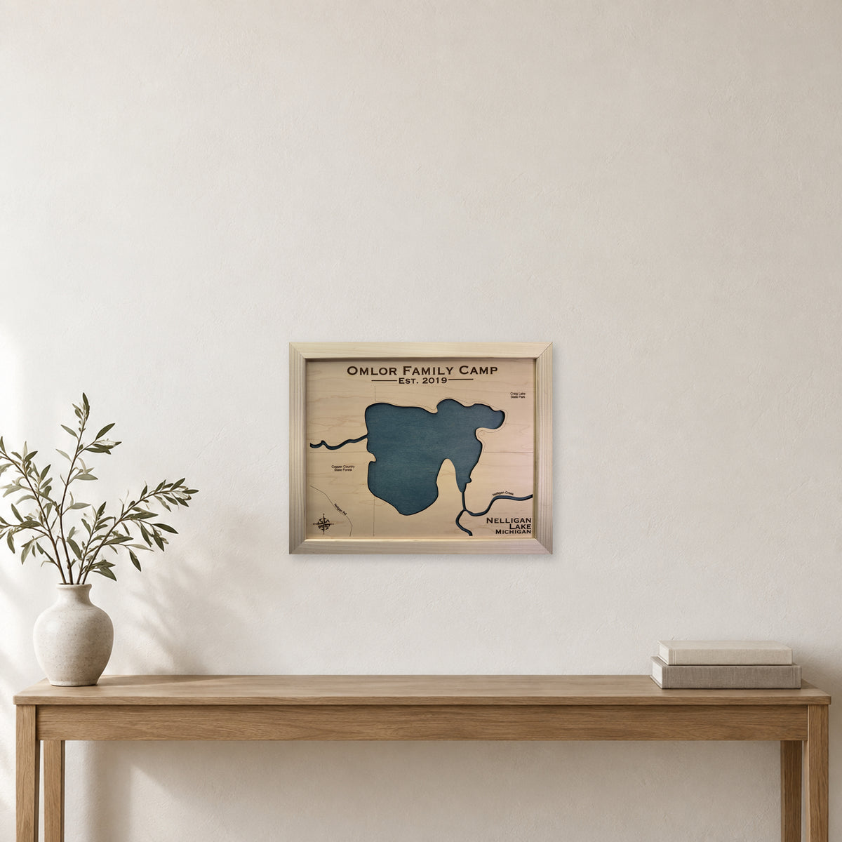 Nelligan Omlor wood map — single layer, staged room mockup