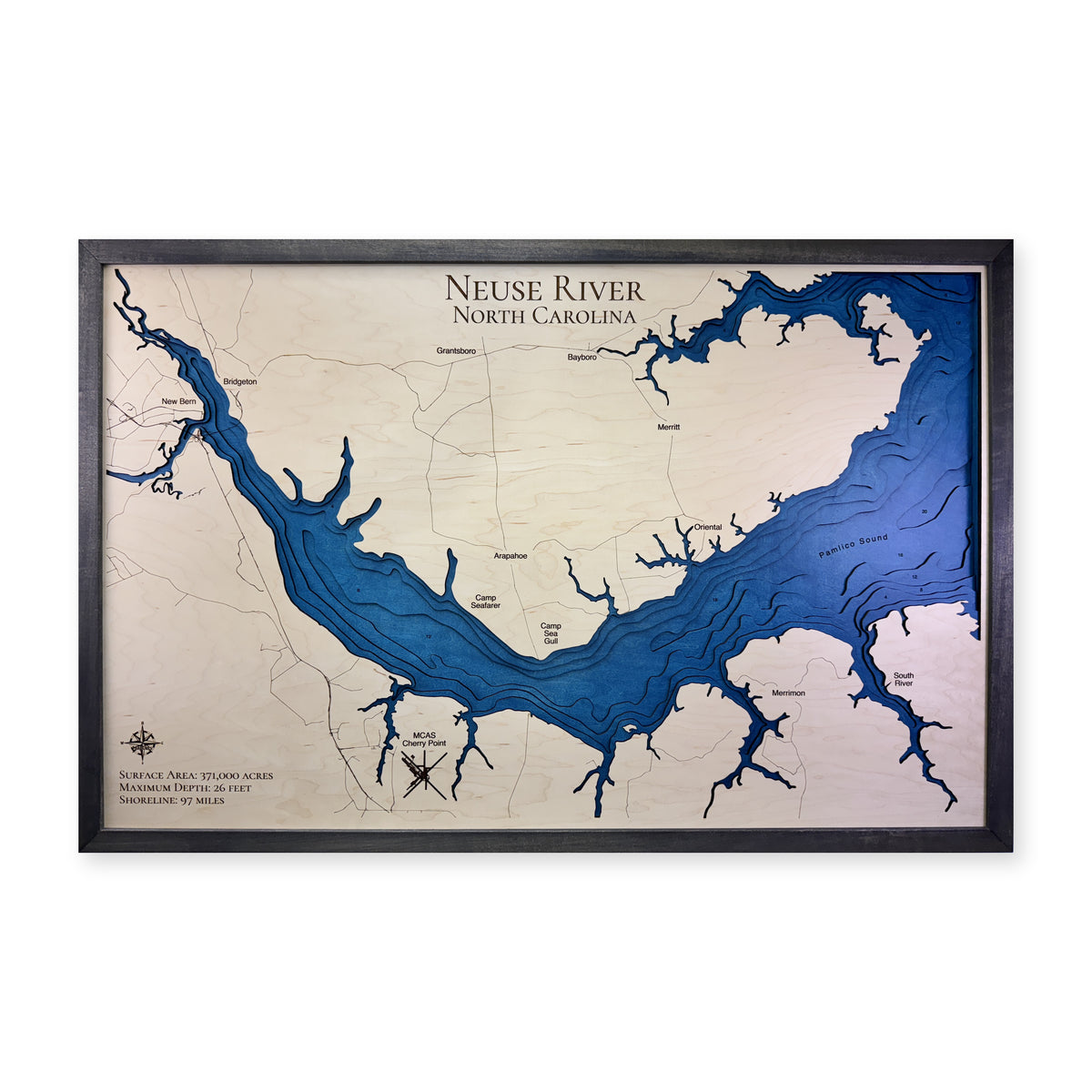 Neuse River Multi wood map — multilayer, white background