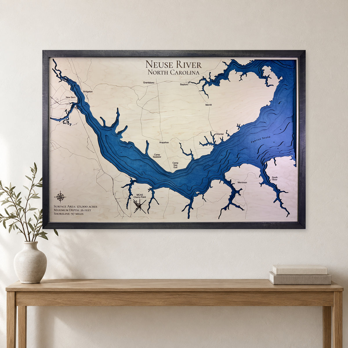 Neuse River Multi wood map — multilayer, staged room mockup