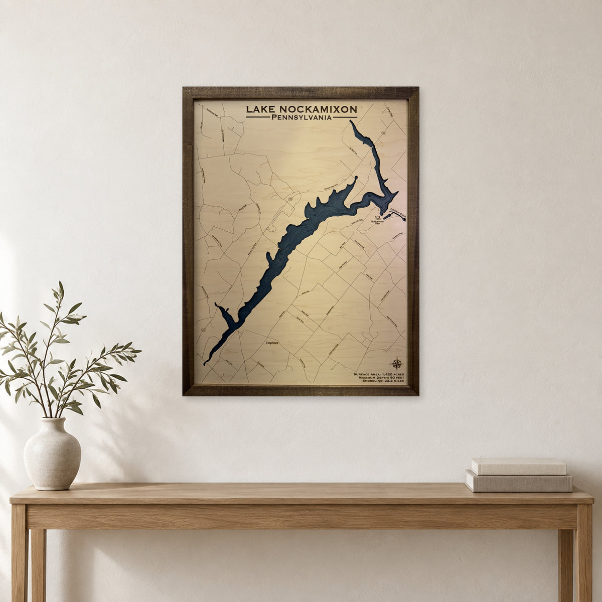 Nockamixon Illg wood map — single layer with engraved contours, staged room mockup